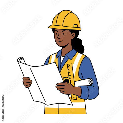 A confident female engineer or architect in a safety vest and hard hat reviews building blueprints and plans with a ruler.