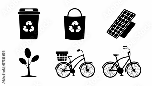 Illustration showing recycling bin, bag, solar panel, tree, and two bicycles in black and white style | editable eps vectors silhouette