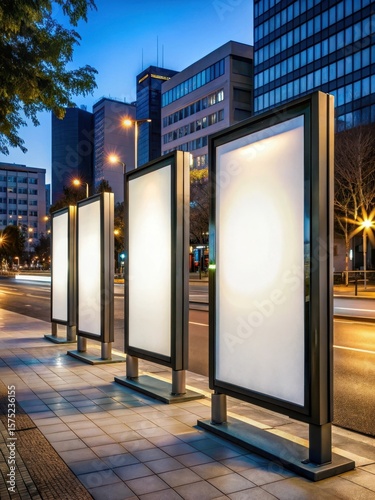 Three vertical billboards on the sidewalk are illuminated at dusk