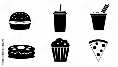 Illustration of a burger drink noodles donut cupcake and pizza slice arranged in two rows of three items | editable eps vectors silhouette