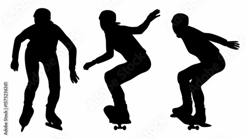 Silhouette of three people ice skating and skateboarding in different poses on a white background | editable eps vectors