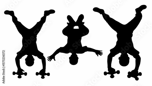 Silhouettes of three people performing handstands with unique hand positions in a black and white image | editable eps vectors