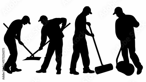 Silhouette of four workers sweeping and rolling a surface with cleaning equipment in black and white | editable eps vectors