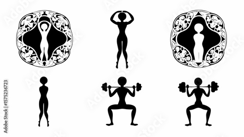Silhouette figures demonstrating various exercises and poses in black and white illustration | editable eps vectors