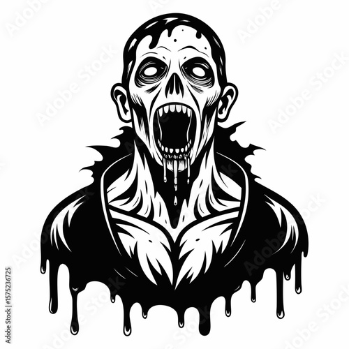 Horrifying zombie head with open mouth and dripping saliva in black and white illustration