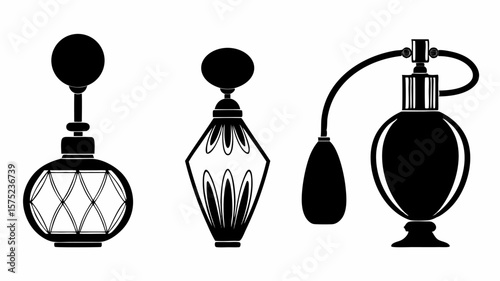 Three vintage perfume bottles with different designs and atomizers in black and white style art | editable eps vectors silhouette