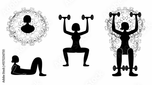 Silhouette woman exercising with dumbbells in various poses against decorative mandala backgrounds | editable eps vectors