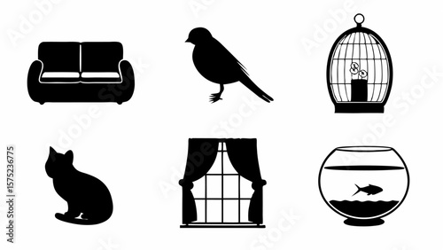 Illustration showcasing a sofa, bird, birdcage, cat, window with curtains, and a fishbowl with a fish inside it | editable eps vectors silhouette