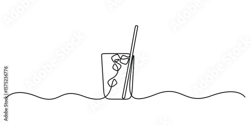 Continuous one line drawing of fresh juice on the glass. Doodle vector illustration