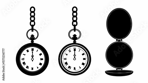 Three vintage pocket watches with chains showing twelve o clock and an open compact mirror design | editable eps vectors silhouette