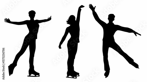 Silhouette of three ice skaters performing various poses on the ice in a black and white illustration | editable eps vectors