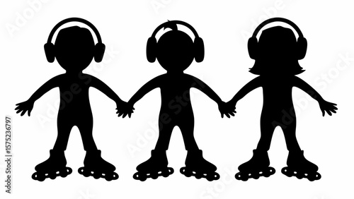 Three silhouette figures holding hands wearing headphones and roller skates in a black and white image | editable eps vectors