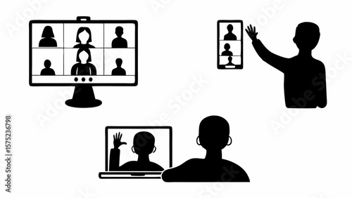 Illustration showing people in video conference on different devices including computer and phone screen | editable eps vectors silhouette