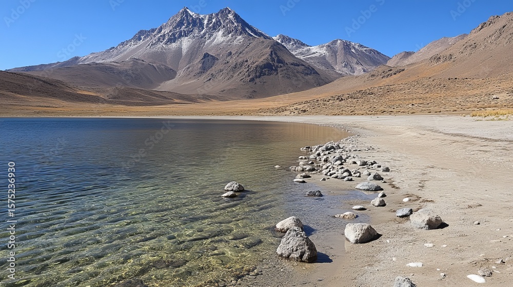 Naklejka premium Serene high-altitude lake nestled against majestic snow-capped mountains under a clear blue sky. Rocky shore, clear water, tranquil scene