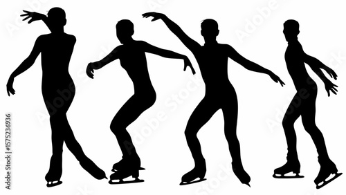 Four black silhouettes of ice skaters in various poses on a white background performing figure skating | editable eps vectors
