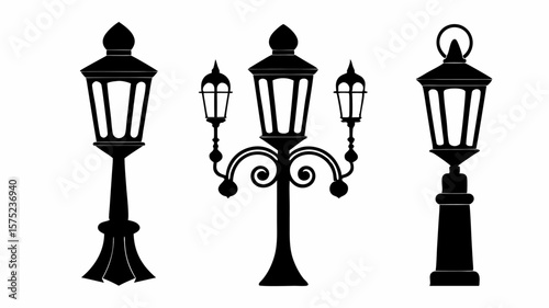 Silhouette illustration of three vintage street lamps with ornate designs and classic architectural style | editable eps vectors
