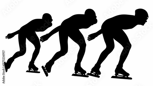 Silhouette illustration of three speed skaters in motion on ice with bent posture and skates visible | editable eps vectors