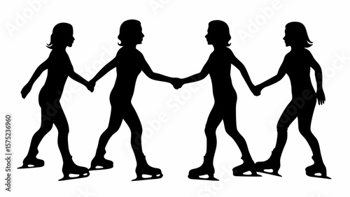 Silhouette of four girls ice skating holding hands in a line on a white background image vector art | editable eps vectors