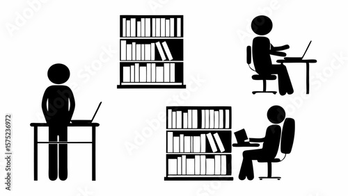 Illustration of stick figures working at desks with laptops and bookshelves in the background area | editable eps vectors silhouette