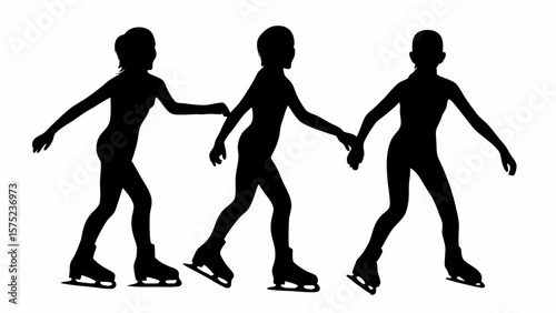 Silhouette of three ice skaters holding hands and skating together on a white background surface view | editable eps vectors