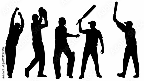 Silhouette illustration of five cricket players in various poses with bats and protective gear shown | editable eps vectors