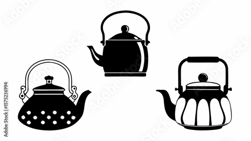 Three black and white kettle illustrations with different designs and handles on a white background space | editable eps vectors silhouette
