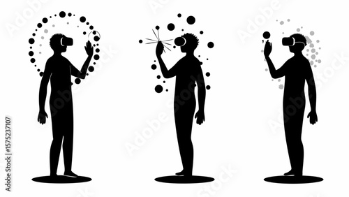 Three silhouettes of people wearing vr headsets interacting with virtual objects in a digital space realm | editable eps vectors