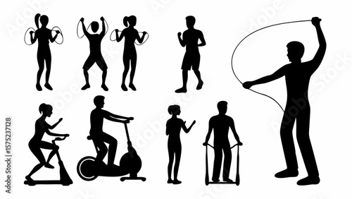 Silhouettes of people exercising with jump ropes and on exercise bikes and elliptical machines in black | editable eps vectors