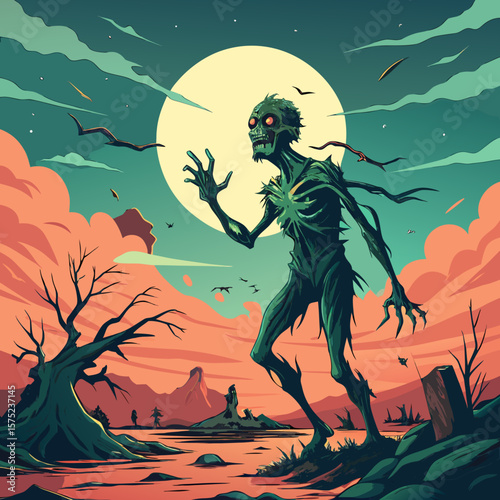 Terrifying green zombie walks through a desolate landscape under a large full moon