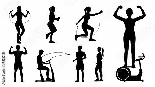 Silhouette illustrations of people exercising with jump ropes running on a treadmill and using exercise bike | editable eps vectors
