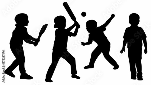 Silhouette depiction of children playing baseball and throwing a ball on a white background scene | editable eps vectors