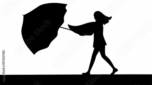 Silhouette of a woman walking with an umbrella in strong wind trying to hold on to the umbrella well | editable eps vectors