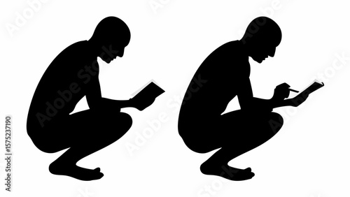 Two silhouettes of people squatting one reading and the other writing on a notepad in black and white | editable eps vectors