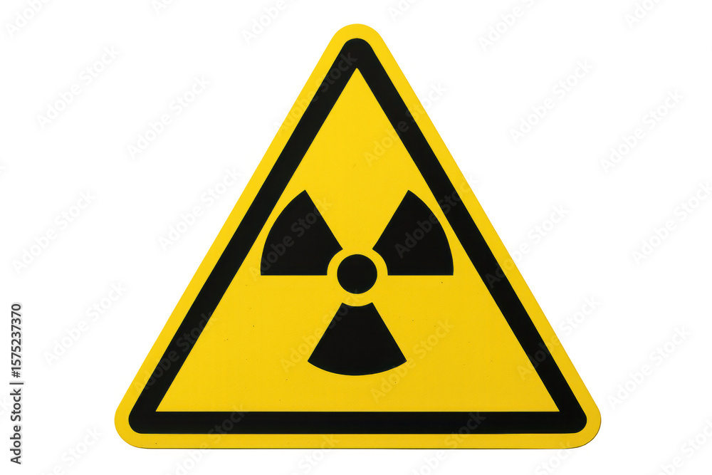 Radioactive warning symbol displaying international ionizing radiation trefoil marking nuclear hazard on bright yellow triangular signage Radioactive warning symbol displaying international ionizing radiation trefoil marking nuclear hazard on bright yellow triangular signage