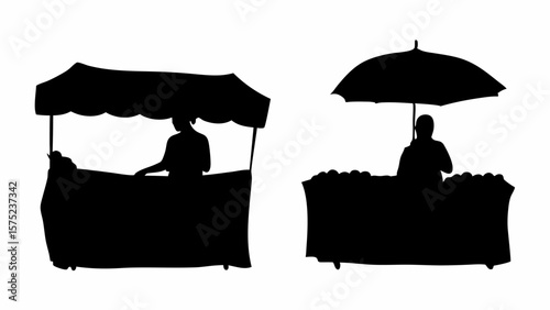 Silhouette of two market stalls with vendors, one with an umbrella and the other with a canopy style roof | editable eps vectors