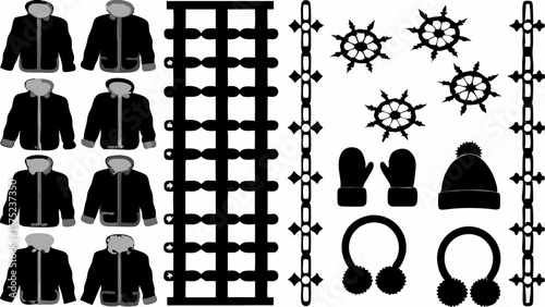 Winter clothing and decorative elements including coats and snowflakes in black and white design | editable eps vectors silhouette