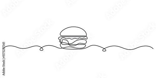 Hamburger single line art. Isolated for promoting food and restaurants one line art vector illustration with transparent background. Graphic illustration