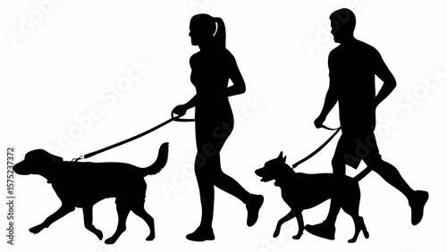 Silhouette of a woman and man walking dogs on leashes in a park or outdoor setting on a sunny day | editable eps vectors