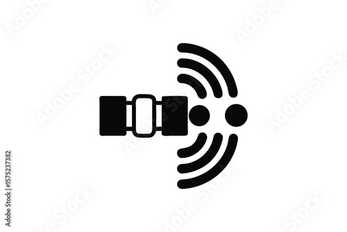 Black and white icon representing a device emitting wireless signals or waves to detect objects