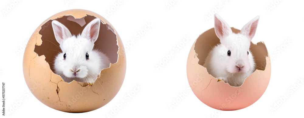 Fototapeta premium Adorable White Baby Bunny Peeking from Pastel Easter Egg Shell, Front View, isolated on pink background PNG