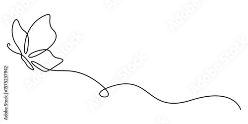 Flying butterfly continuous one line drawing. Isolated on white background vector illustration