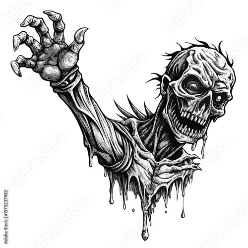 Terrifying zombie with decaying flesh and outstretched clawed hand reaching forward