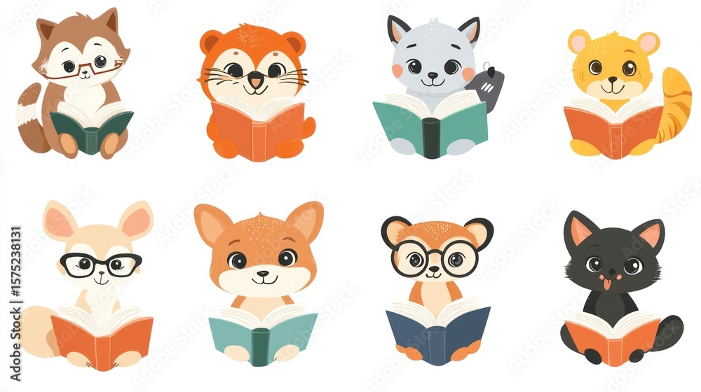 Naklejka premium Adorable set of 8 cartoon animals each reading a book, isolated on a white backdrop