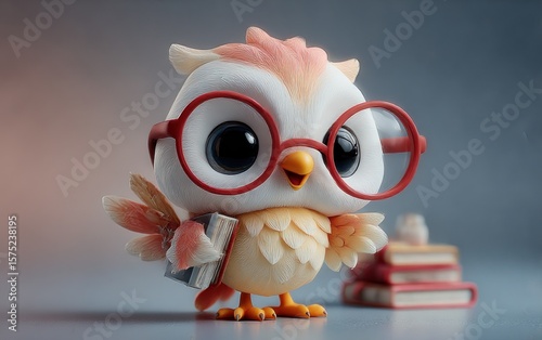 Cute owl with glasses holding book