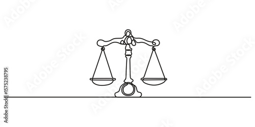 Court legal scale in one continuous line drawing. Libra or law identity concept simple illustration, Continuous one line drawing of judicial scales law. Graphic illustration