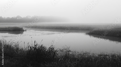 Serene misty dawn over tranquil water, hazy trees in background, tall grasses at foreground
