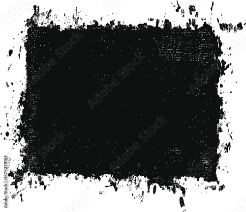 A rectangular black paint splatter on white background with rough and textured edges and paint drips