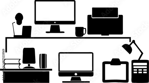 Black and white office setup with desk, computers, printer, lamp and other office supplies graphic