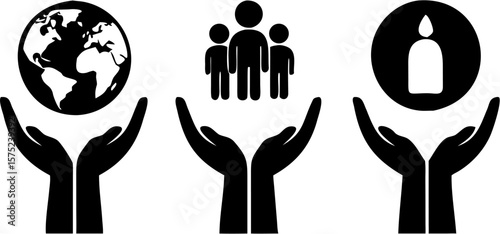 Black and white illustration showing hands holding earth people and candle in a simple graphic style