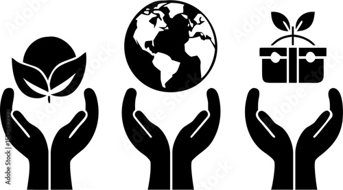 Hands holding leaf, globe, and plant in pot representing nature conservation and environmental stewardship
